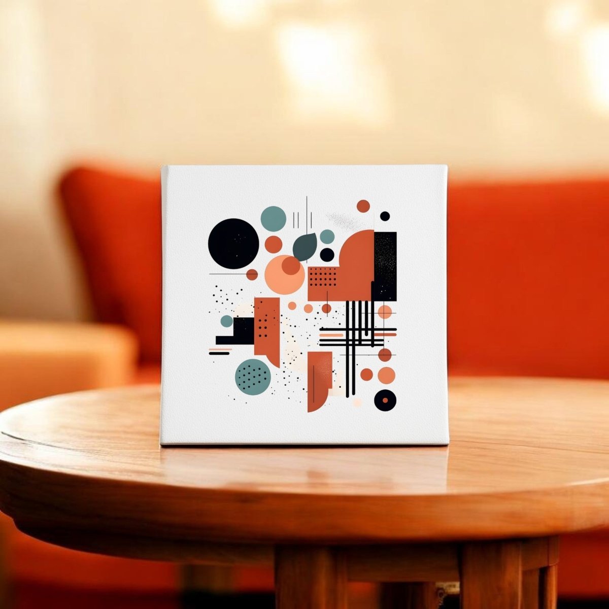The Atomic Sunrise Mid Century Modern Canvas by Mirabilia Boutique features retro black, orange, and teal geometry. Displayed on a round wooden table with a blurred orange sofa, it brings a classic mid-century modern vibe to any space.
