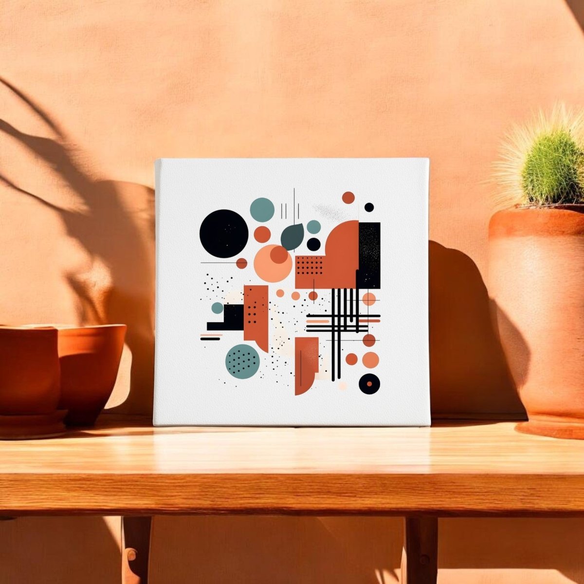 The Atomic Sunrise Mid Century Modern Canvas by Mirabilia Boutique features retro abstract art in black, orange, teal, and peach, displayed on a wooden surface beside terracotta pots and a cactus against a peach wall with plant shadows.