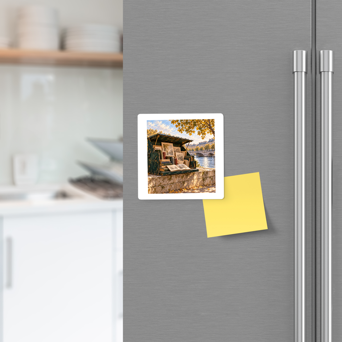 A square Books Beside the River Magnet Paris Toujours on a stainless steel refrigerator, positioned above a blank yellow sticky note.
