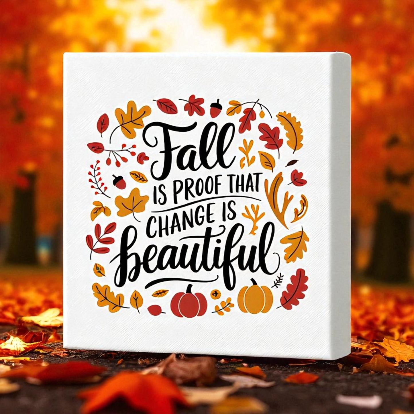 The Fall Is Proof Canvas Sign by Mirabilia Boutique is an 8x8 inspirational autumn decor piece featuring pumpkin and leaf art with the quote "Fall is proof that change is beautiful," perfect for cozy seasonal home displays.