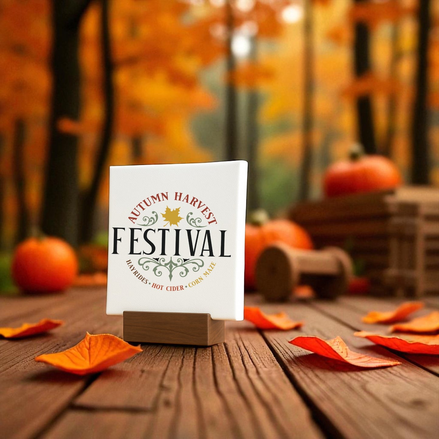 The Autumn Harvest Festival Mini Sign (4x4) by Mirabilia Boutique displays “Autumn Harvest Festival: Caramel, Hot Cider, Corn Maze” amid pumpkins and autumn leaves—an ideal rustic fall decor accent for your home.