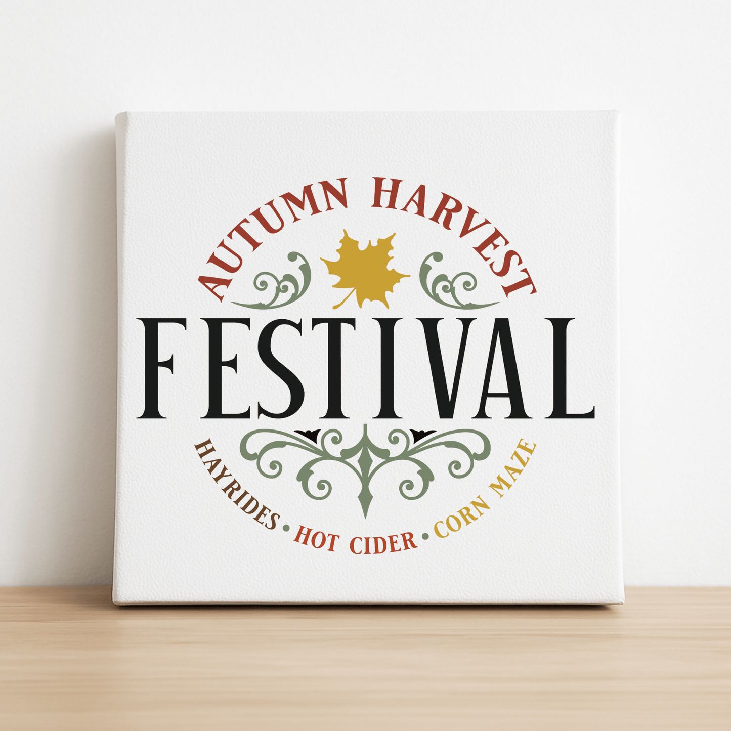 The Mirabilia Boutique Autumn Harvest Festival Canvas Sign (8x8) features festive leaf graphics, swirls, and fall colors with "Hayrides, Hot Cider, Corn Maze"—perfect rustic farmhouse decor for Thanksgiving.