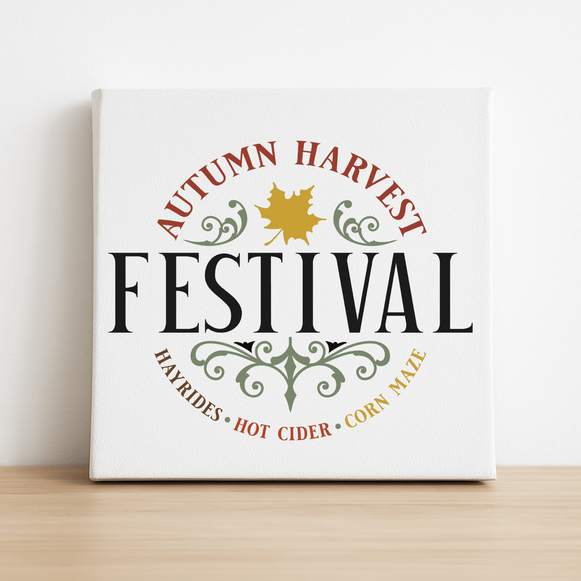 The Mirabilia Boutique Autumn Harvest Festival Canvas Sign (8x8) features festive leaf graphics, swirls, and fall colors with "Hayrides, Hot Cider, Corn Maze"—perfect rustic farmhouse decor for Thanksgiving.