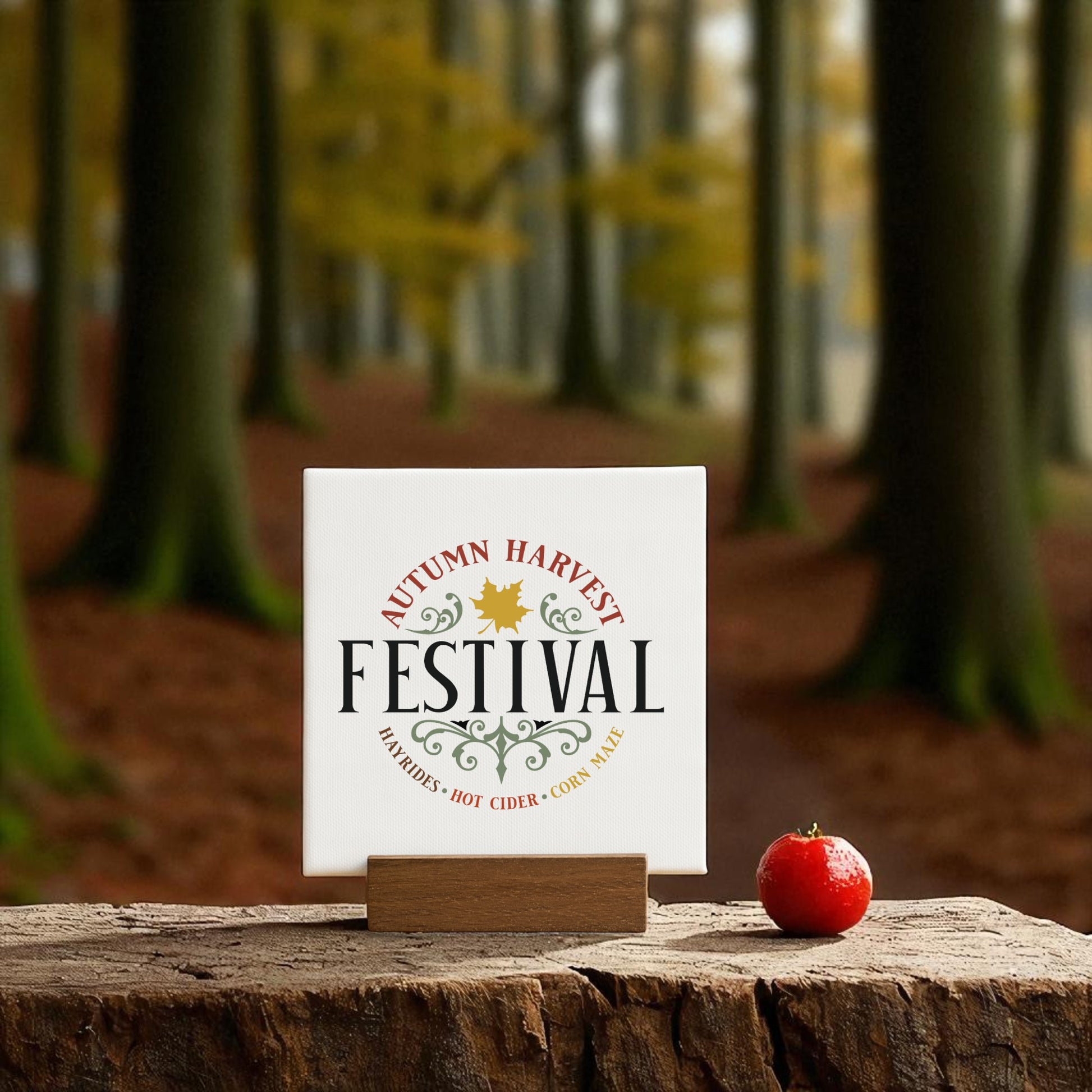 The Mirabilia Boutique Autumn Harvest Festival Mini Sign (4x4) sits on a wooden stand with a red apple and forest backdrop—an ideal rustic accent for your fall home decor.