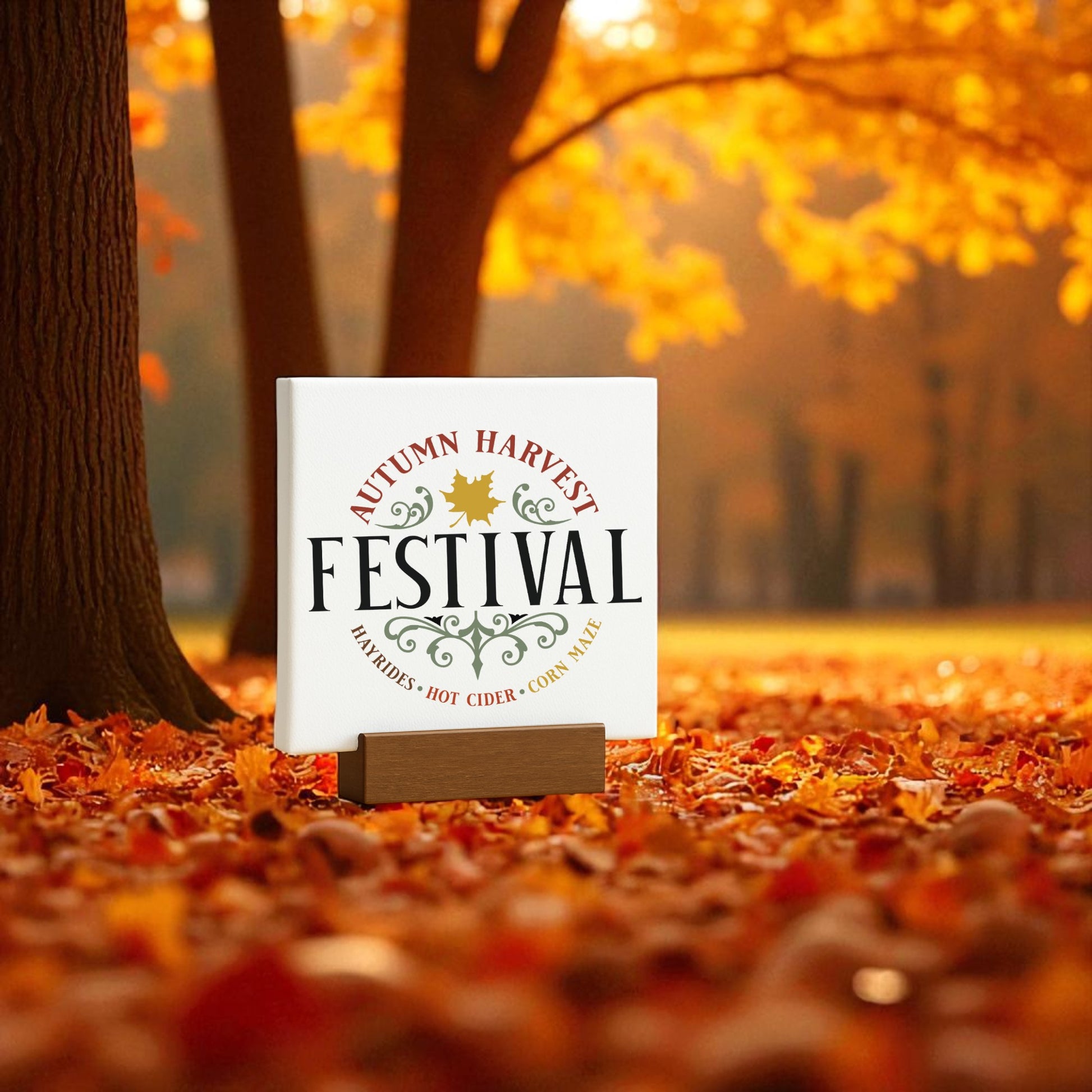 The Autumn Harvest Festival Mini Sign (4x4) by Mirabilia Boutique features “Hayrides • Hot Cider • Corn Maze”—a charming fall accent for your home, inspired by golden autumn foliage and perfect for seasonal decor.
