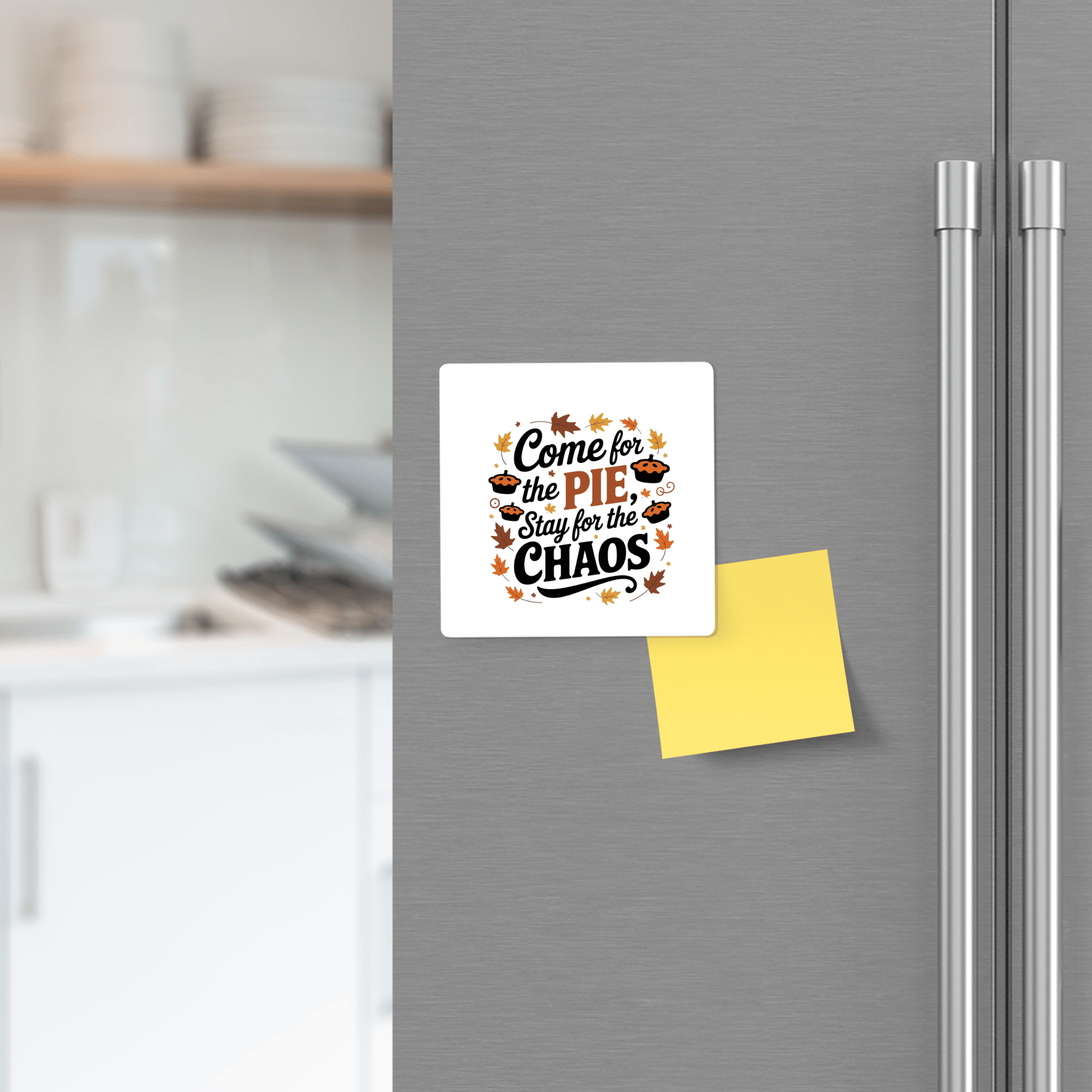 The Pie & Chaos Fall Fridge Decor by Mirabilia Boutique features a "Come for the pie, stay for the chaos" magnet with autumn leaves, plus a blank yellow sticky note—perfect Thanksgiving decor or gift. Blurred kitchen background included.