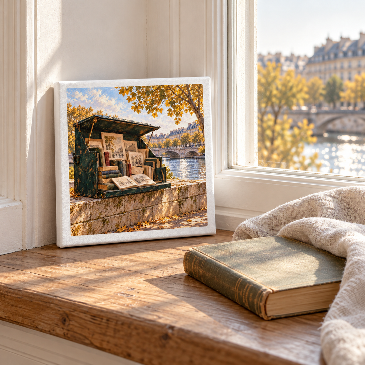 Books Beside the River Canvas | Paris Toujours displayed as an open green book stall along the Seine, resting on a windowsill next to a physical antique book.