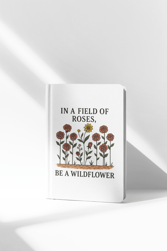 The Be a Wildflower Journal by Mirabilia Boutique is a motivational hardcover notebook with floral art and the quote "In a field of roses, be a wildflower"—a unique gift for any occasion.
