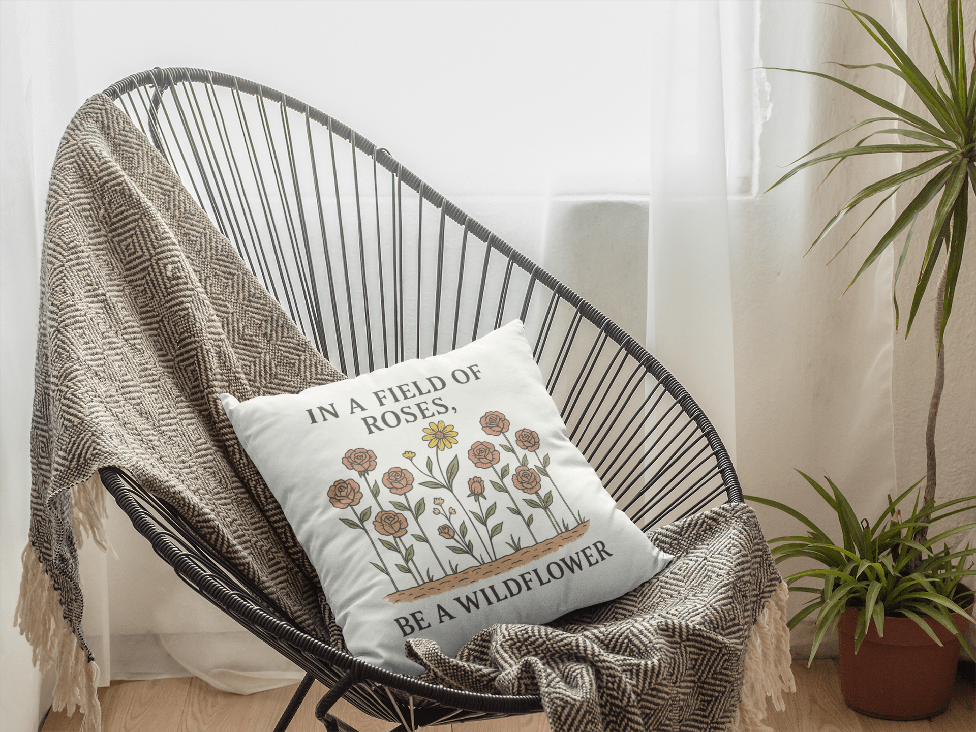 A cozy chair with a patterned throw features Mirabilia Boutique’s Be a Wildflower Throw Pillow—a floral quote cushion with roses and yellow blooms, perfect for boho decor. A potted plant adds a fresh touch nearby.