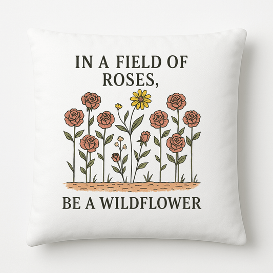The Be a Wildflower Throw Pillow by Mirabilia Boutique features red roses, a yellow wildflower, and the quote "In a field of roses, be a wildflower." This boho cushion adds a charming, nature-inspired accent to any space.