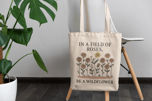The Be a Wildflower Tote Bag by Mirabilia Boutique hangs on a white chair beside a green plant in a modern room. Made from eco-friendly cotton canvas, this beige tote features wildflower illustrations and the quote, "In a field of roses, be a wildflower.