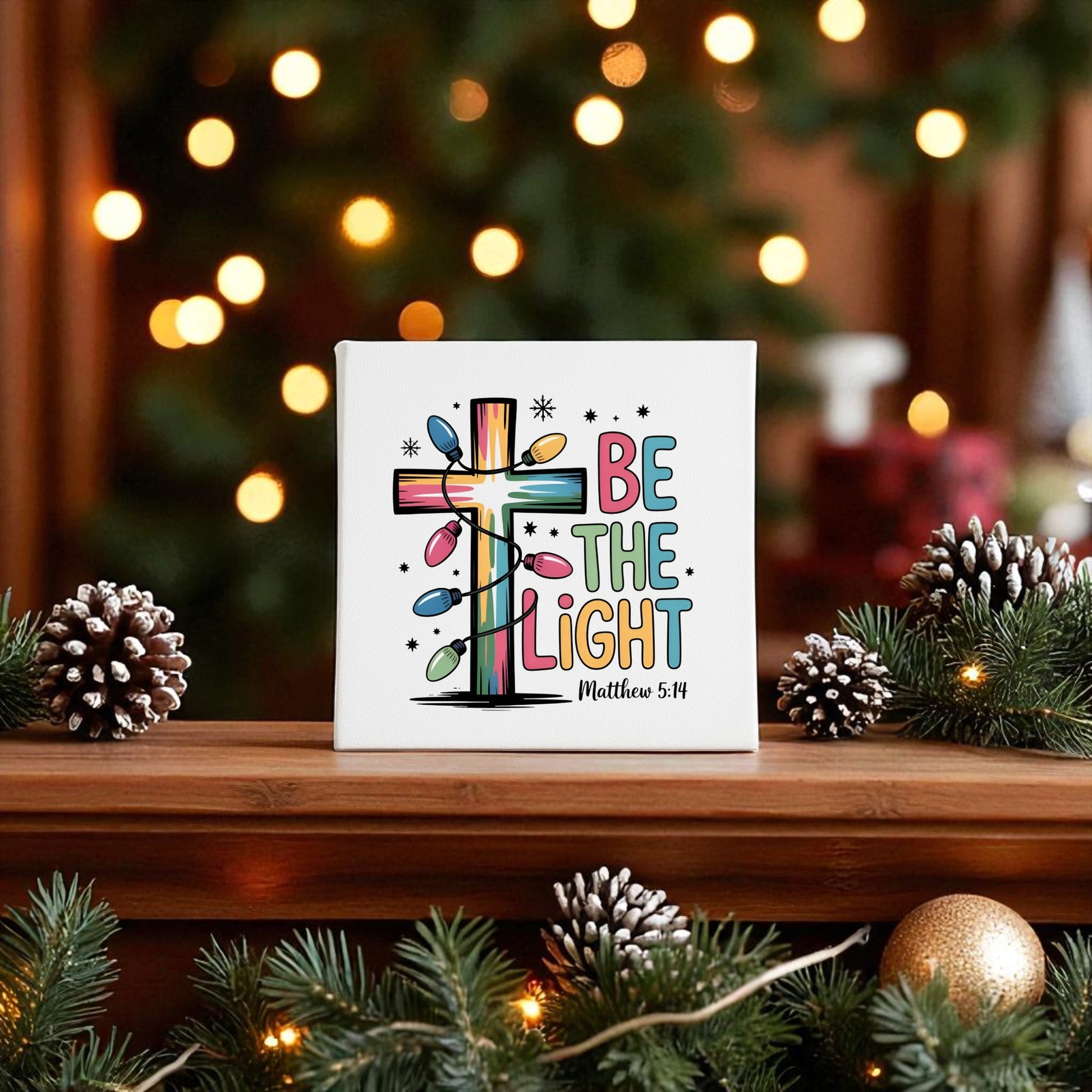 The Be the Light | Faith-Inspired Christmas Decor | Matthew 5:14 canvas by Mirabilia Boutique features “Be the Light Matthew 5:14” in string lights, pine branches, pinecones, and a glowing tree—ideal for festive faith-inspired decor.