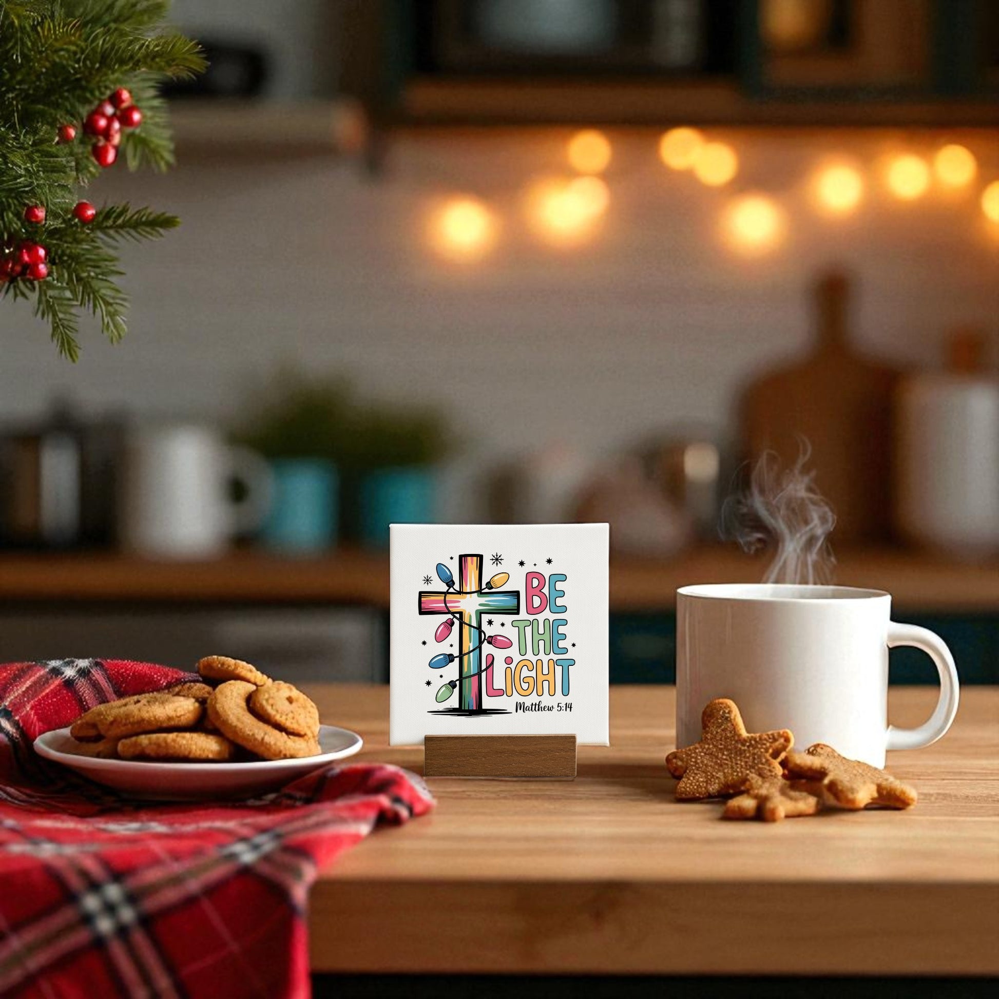 A cozy kitchen scene with a hot drink, Christmas cookies, red plaid cloth, Mirabilia Boutique's Be the Light Mini Sign | Christian Christmas Decor 4x4, an inspirational card, and warm string lights glowing in the background.