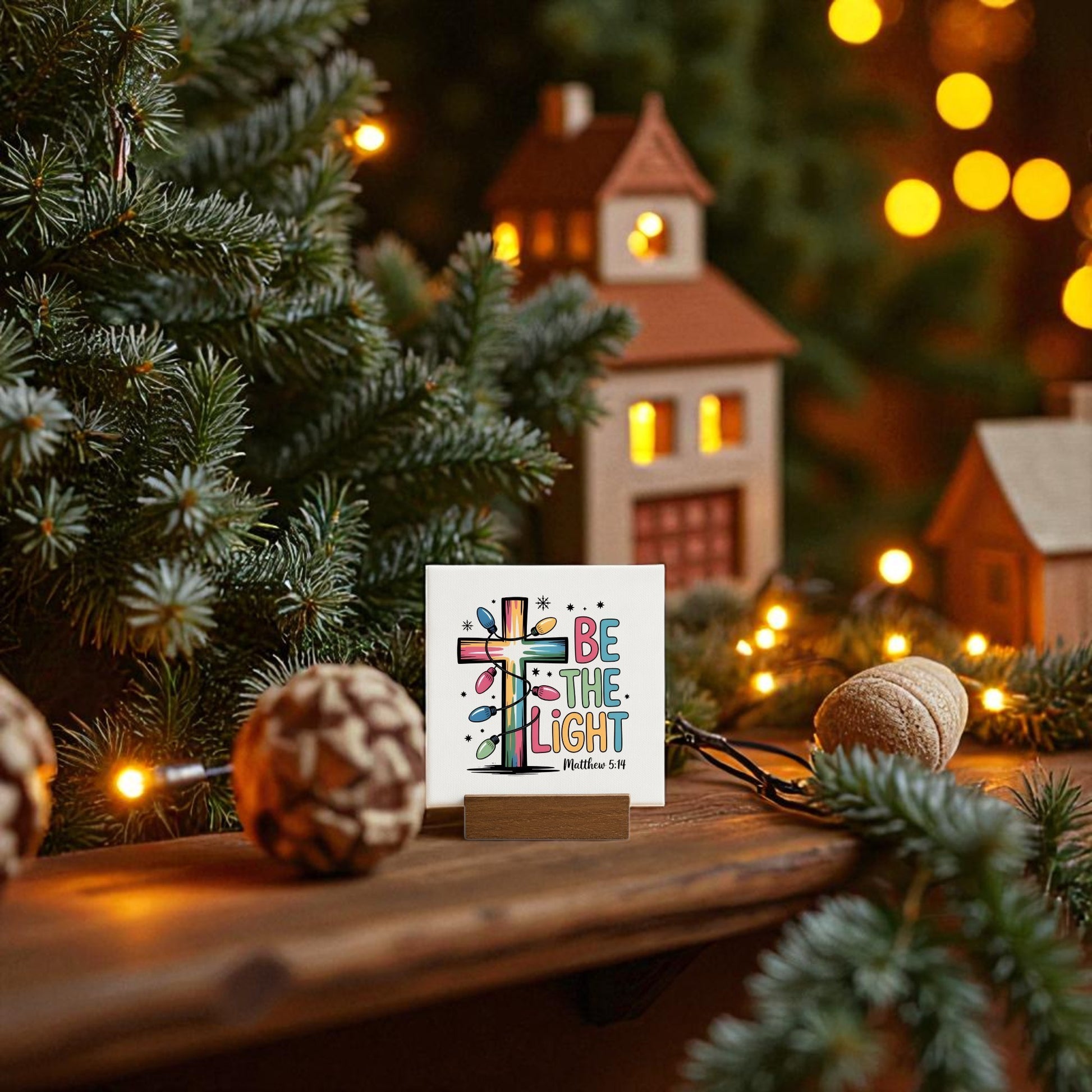 Create a cozy, festive display with the "Be the Light Mini Sign | Christian Christmas Decor 4x4" by Mirabilia Boutique—featuring a colorful cross, this inspirational piece makes a thoughtful Christmas gift and brightens any holiday scene.