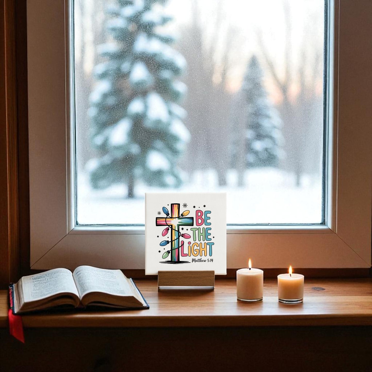 An open book and two lit candles sit on a wooden windowsill. The Mirabilia Boutique "Be the Light Mini Sign | Christian Christmas Decor 4x4" adds inspiration as snow-covered trees appear through the frosted window at sunset.
