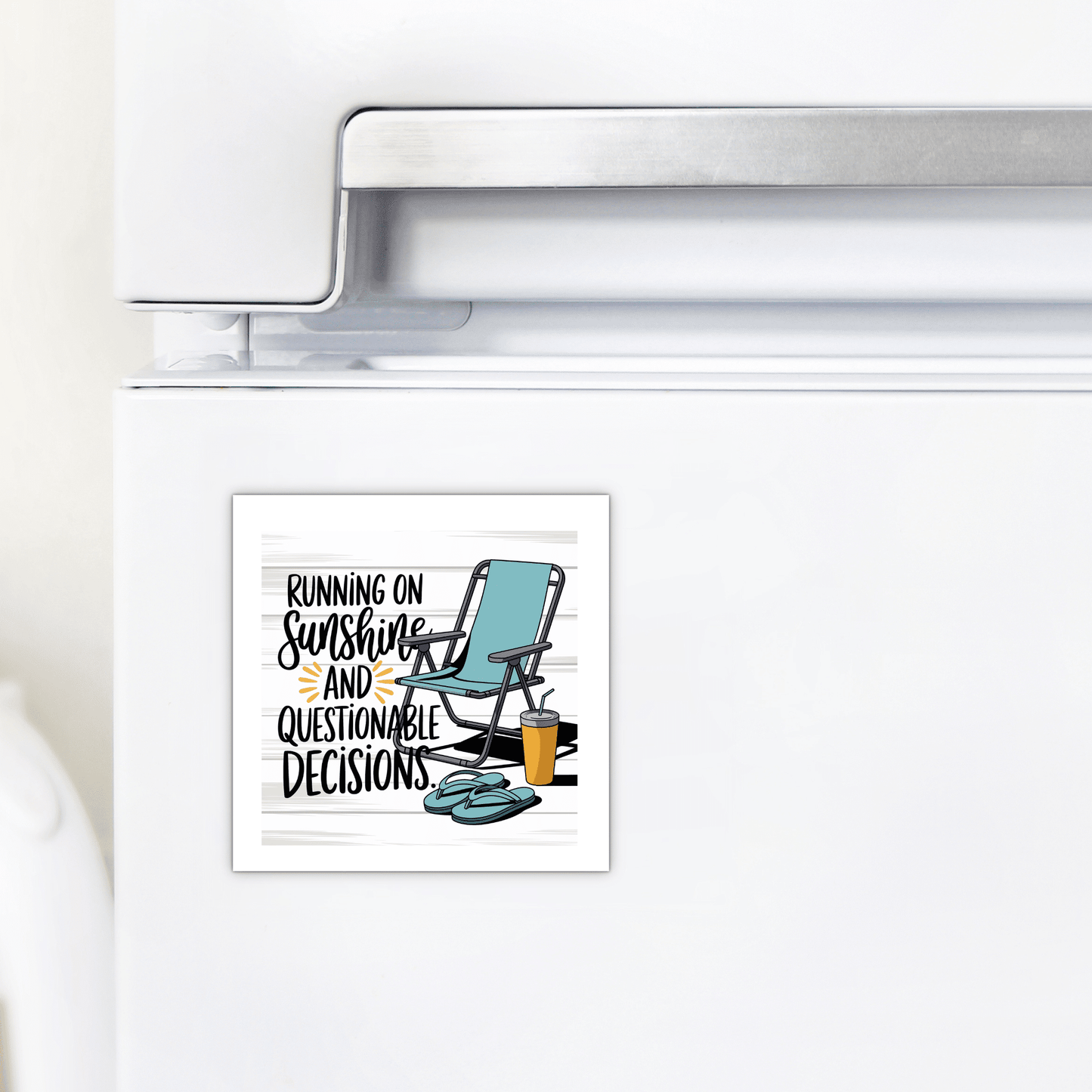 The Running on Sunshine Magnet by Mirabilia Boutique is a funny summer fridge decor featuring a beach chair, drink, and flip-flops with the quote "Running on sunshine and questionable decisions"—perfect for adding beach vibes to your kitchen.