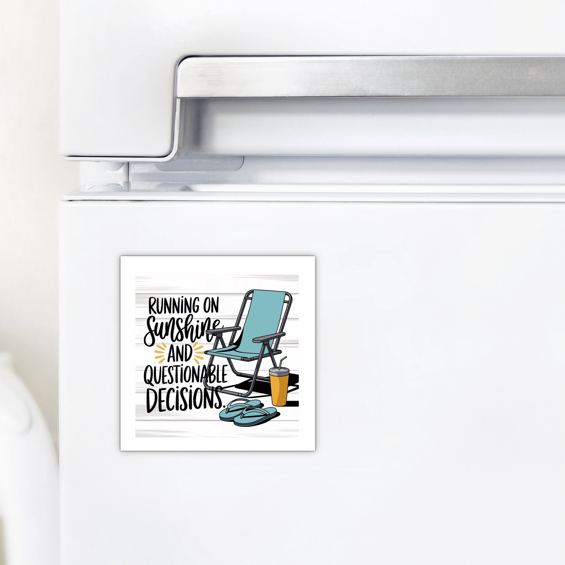 The Running on Sunshine Magnet by Mirabilia Boutique is a funny summer fridge decor featuring a beach chair, drink, and flip-flops with the quote "Running on sunshine and questionable decisions"—perfect for adding beach vibes to your kitchen.