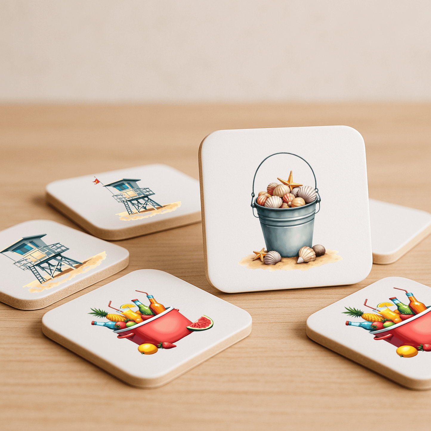 The Beach Match Game by Mirabilia Boutique features 60 square tiles with beach-themed illustrations—like seashell pails, red wagons, and lifeguard towers—for memory-boosting fun and screen-free play for the whole family.