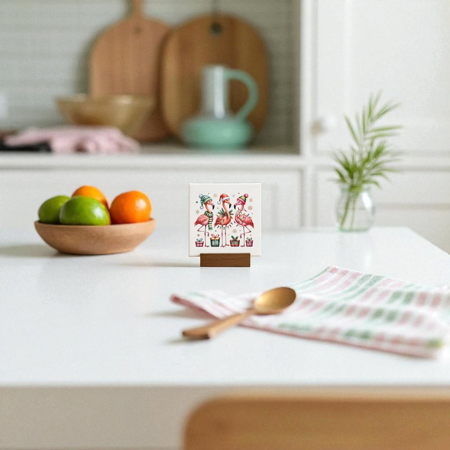 A minimal kitchen features a bowl of fruit, artwork on a wooden stand, kitchen towel and spoon, plus the Mirabilia Boutique Coastal Christmas Flamingo Sign (4x4 Florida Holiday Decor) for subtle festive, beachy charm.