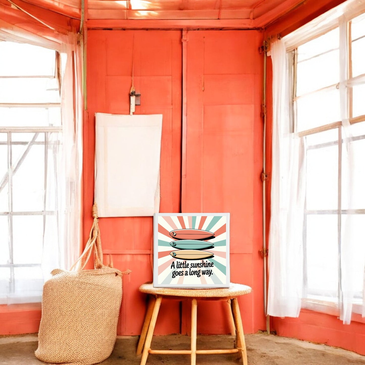 A chair and bag in a room accented by Mirabilia Boutique’s A Little Sunshine Canvas – Retro Surf Summer Vibes, adding warmth and character to the space.