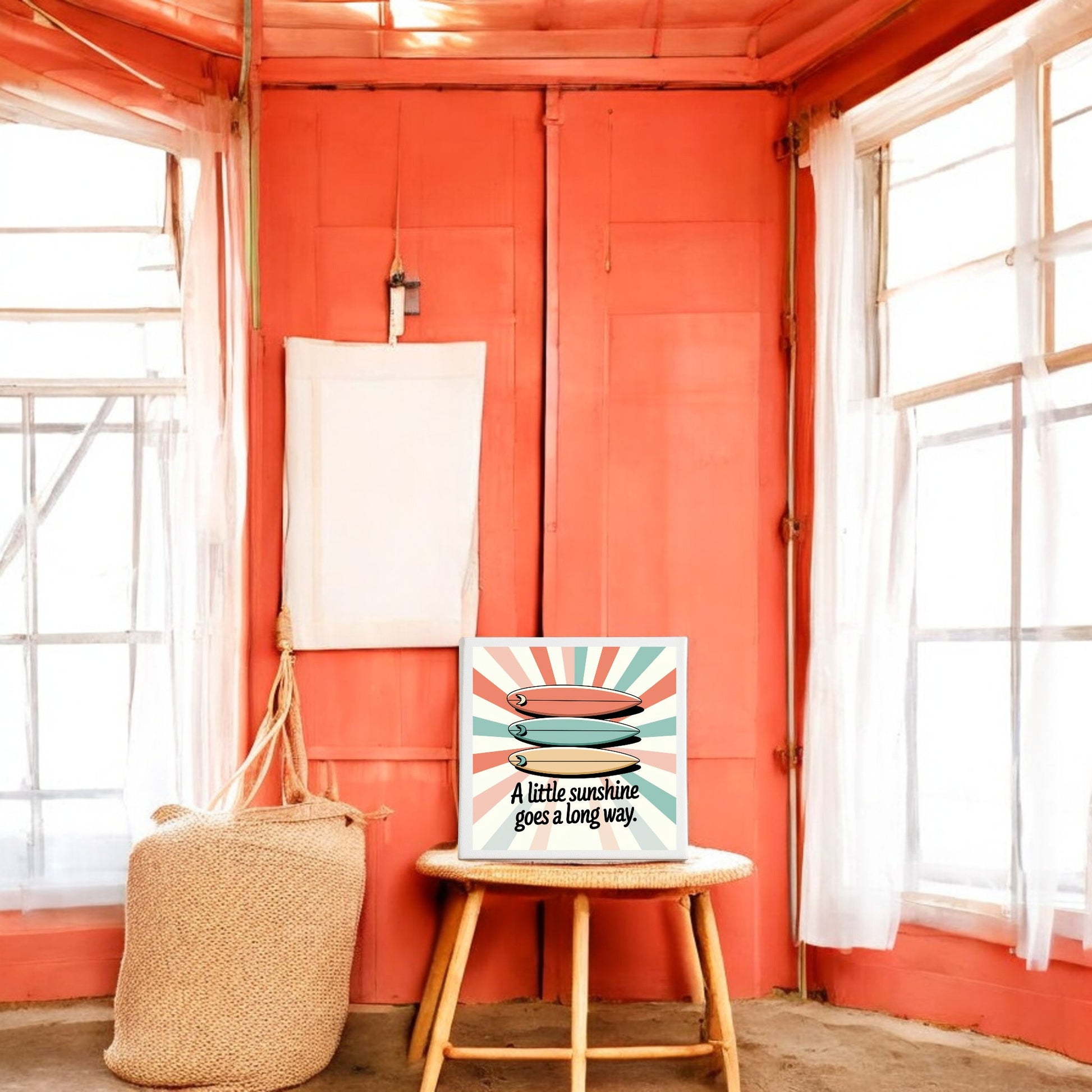 A chair and bag in a room accented by Mirabilia Boutique’s A Little Sunshine Canvas – Retro Surf Summer Vibes, adding warmth and character to the space.