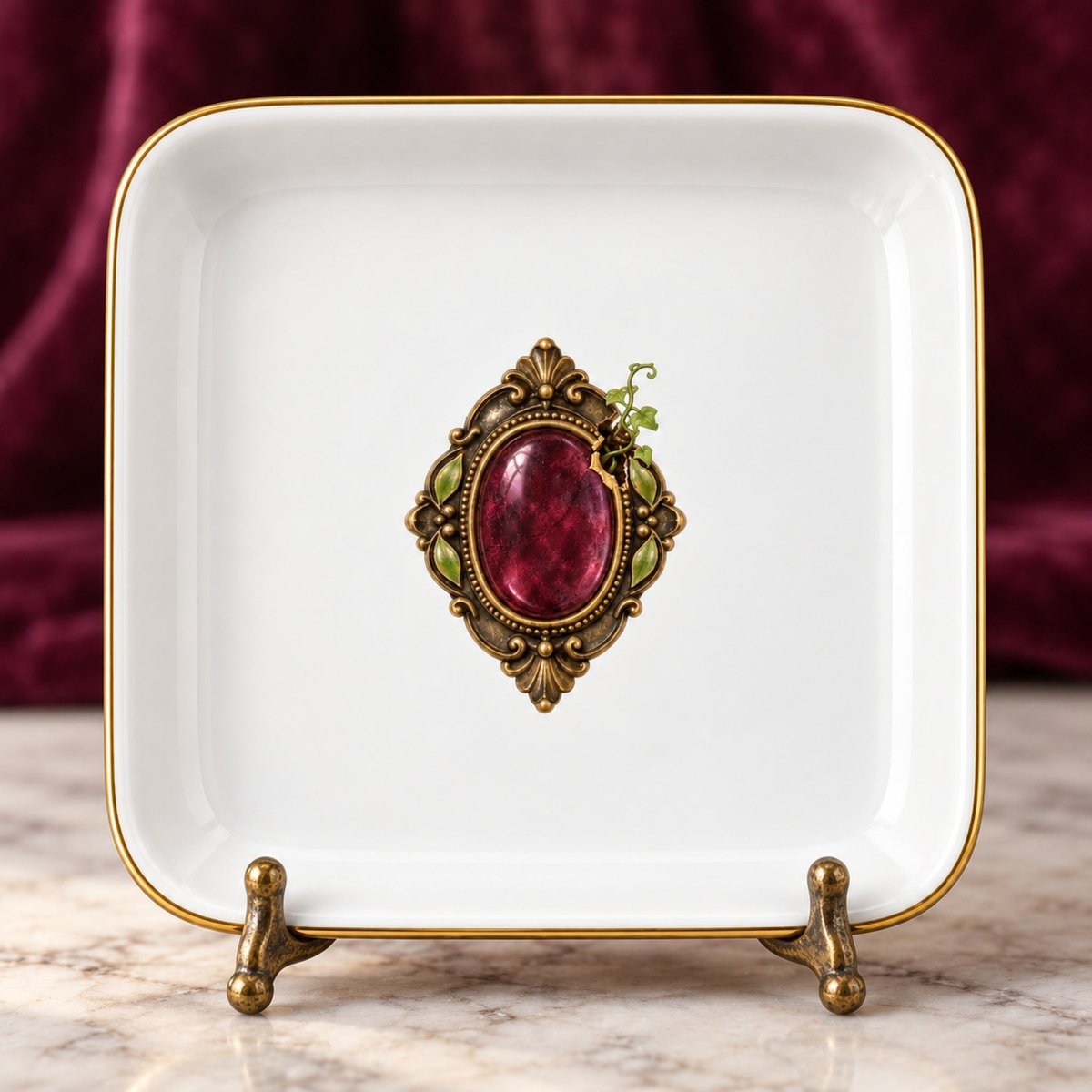 Square white porcelain Beautiful Remnants Jewelry Tray by Mirabilia Boutique with a gold rim, featuring a central illustration of a vintage-style brooch with a red cabochon stone displayed on a small metal stand.