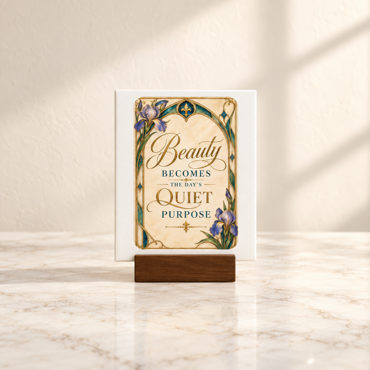 The Mirabilia Boutique “Beauty Becomes The Day’s Quiet Purpose” Mini Sign, adorned with Art Nouveau-inspired floral and green vine motifs, is displayed on a marble surface in gentle sunlight.