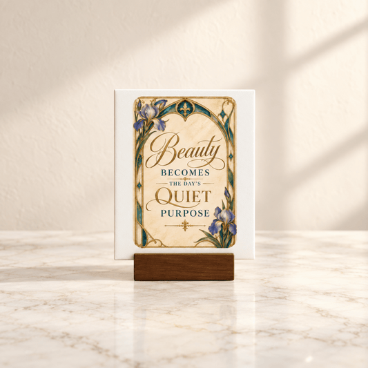 The Mirabilia Boutique “Beauty Becomes The Day’s Quiet Purpose” Mini Sign, adorned with Art Nouveau-inspired floral and green vine motifs, is displayed on a marble surface in gentle sunlight.