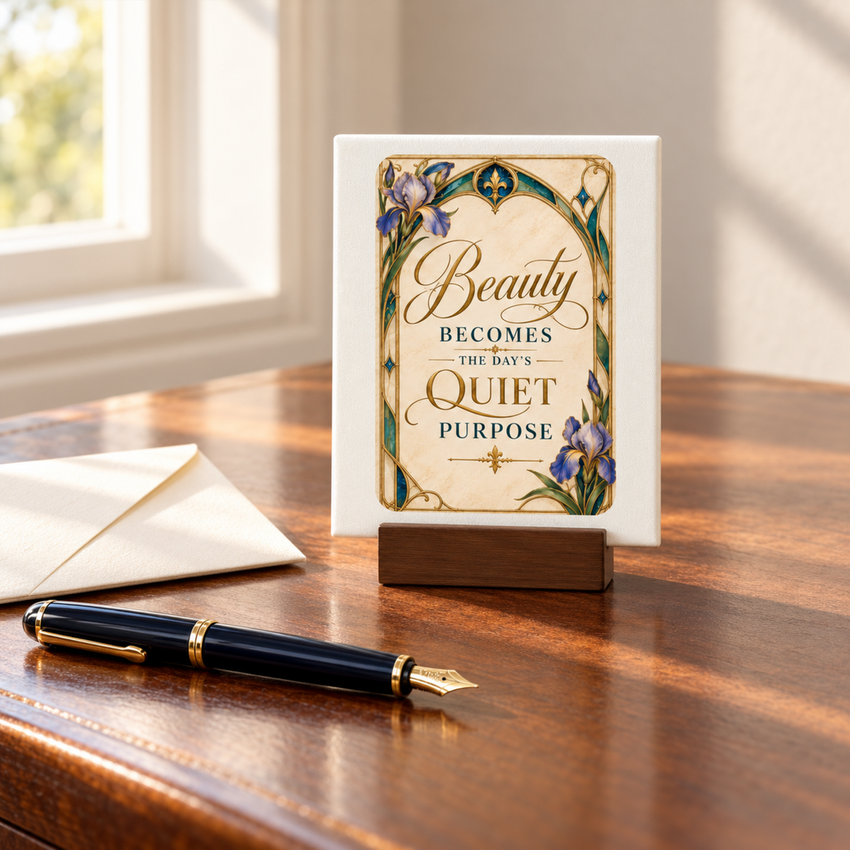 A sunlit desk features the Beauty Becomes The Day’s Quiet Purpose Mini Sign by Mirabilia Boutique, a decorative accent on a wooden stand bearing its inspiring message. Nearby, a fountain pen and a sealed envelope enhance the scene with classic elegance and Art Nouveau charm.