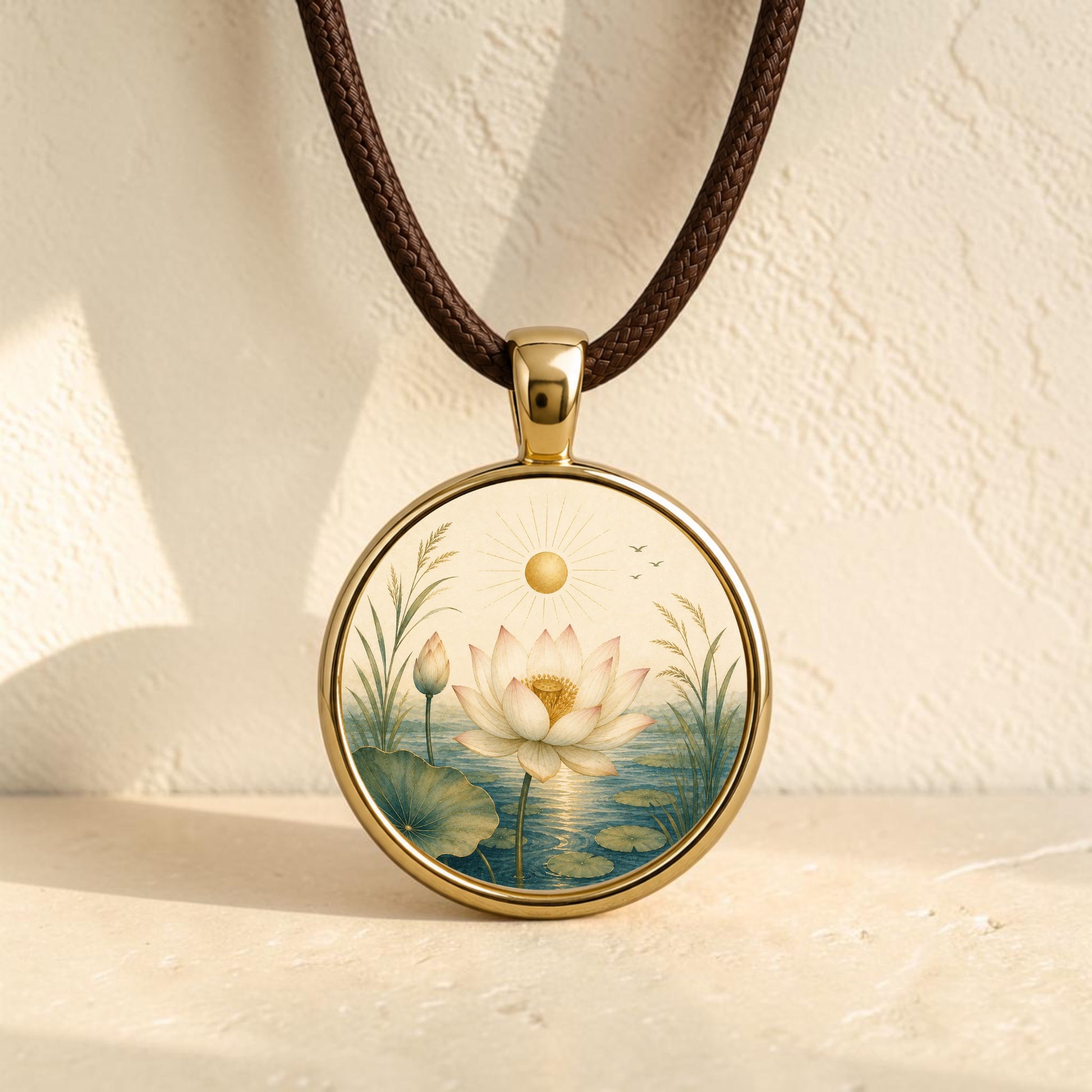 Introducing the Becoming | Story Pendant Necklace from Mirabilia Boutique—a gold lotus pendant on a brown cord, adorned with an intricate illustration of a blooming lotus flower floating in a pond, encircled by delicate leaves and grasses beneath a shining sun with birds soaring overhead. This exquisite necklace beautifully blends botanical jewelry with miniature art, capturing nature’s wonder in every detail.