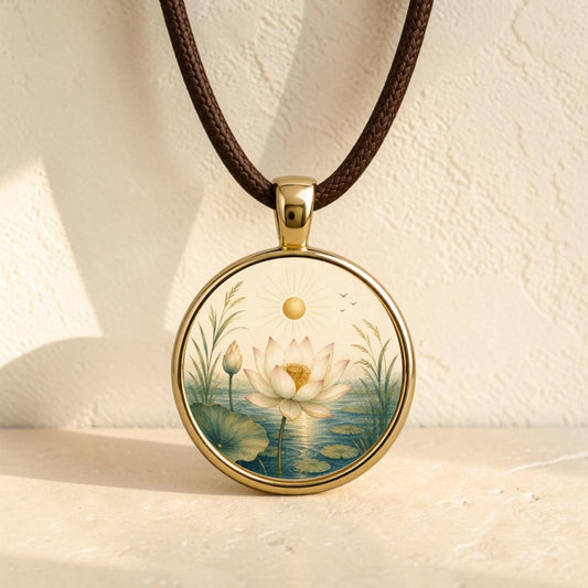 Introducing the Becoming | Story Pendant Necklace from Mirabilia Boutique—a gold lotus pendant on a brown cord, adorned with an intricate illustration of a blooming lotus flower floating in a pond, encircled by delicate leaves and grasses beneath a shining sun with birds soaring overhead. This exquisite necklace beautifully blends botanical jewelry with miniature art, capturing nature’s wonder in every detail.