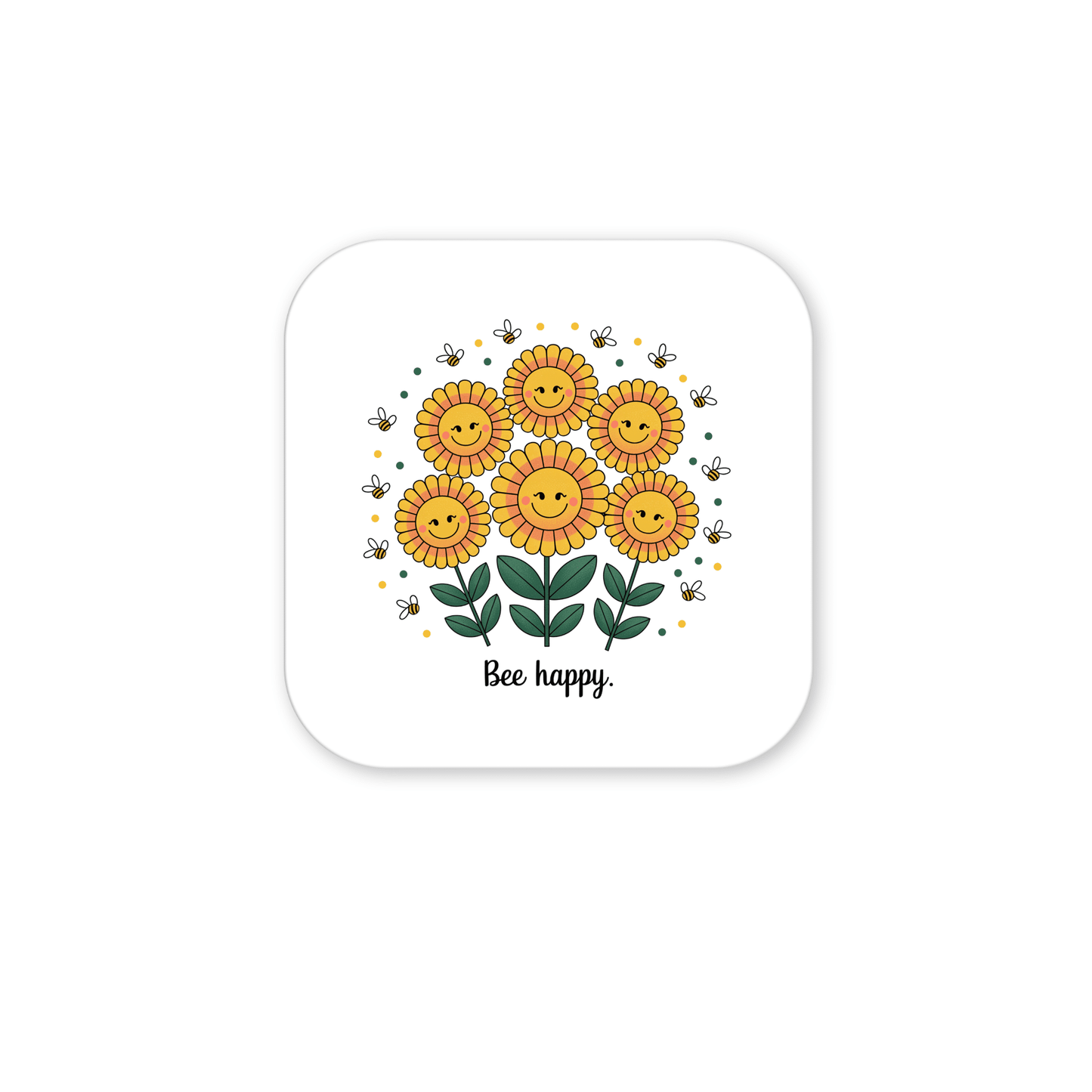 The Mirabilia Boutique Bee Happy Magnet – Cheerful Sunflowers for Daily Joy features six smiling sunflowers with bees and green leaves on a white background. The text "Bee happy" adds a delightful touch to this uplifting decorative magnet.