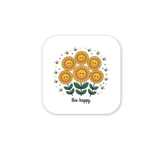 The Mirabilia Boutique Bee Happy Magnet – Cheerful Sunflowers for Daily Joy features six smiling sunflowers with bees and green leaves on a white background. The text "Bee happy" adds a delightful touch to this uplifting decorative magnet.