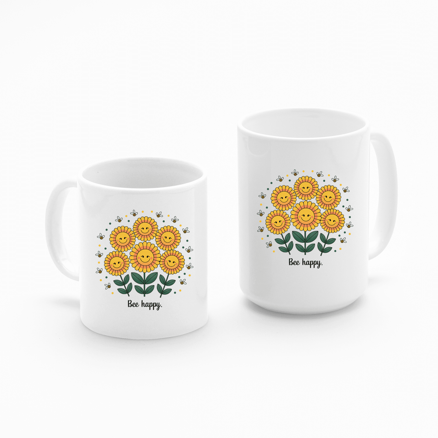 The Bee Happy Mug – Cheerful Sunflowers & Summer Joy by Mirabilia Boutique features lively yellow sunflowers, smiling faces, bees, and the phrase "Bee happy," making it a perfect cheerful gift for any occasion.