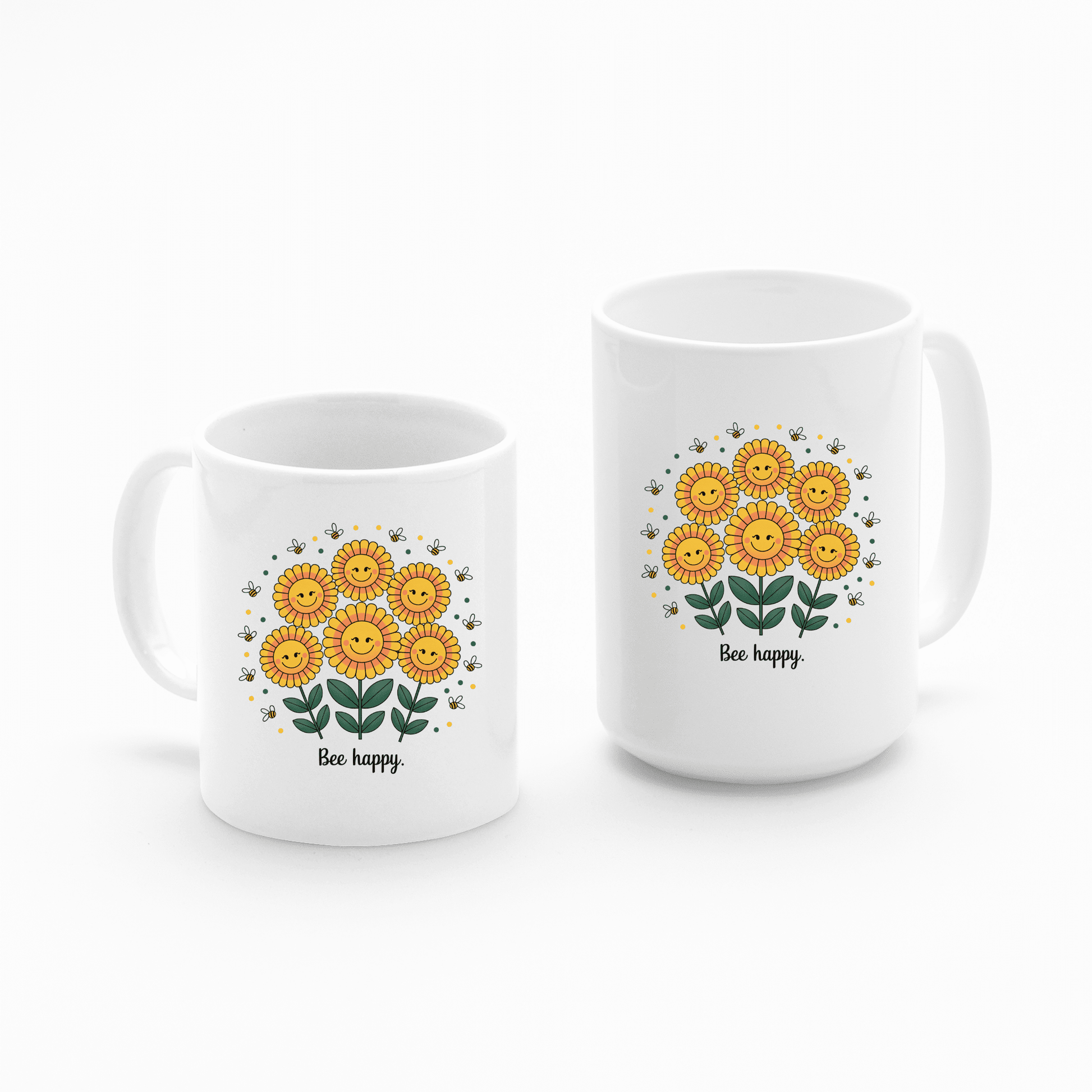 The Bee Happy Mug – Cheerful Sunflowers & Summer Joy by Mirabilia Boutique features lively yellow sunflowers, smiling faces, bees, and the phrase "Bee happy," making it a perfect cheerful gift for any occasion.