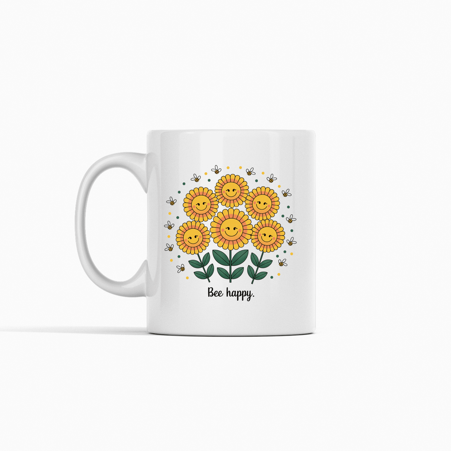 The Bee Happy Mug – Cheerful Sunflowers & Summer Joy by Mirabilia Boutique features six smiling sunflowers, playful bees, and "Bee happy" text on a plain white background—a perfect sunflower coffee mug to brighten any morning!.