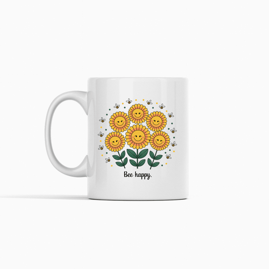 The Bee Happy Mug – Cheerful Sunflowers & Summer Joy by Mirabilia Boutique features six smiling sunflowers, playful bees, and "Bee happy" text on a plain white background—a perfect sunflower coffee mug to brighten any morning!.