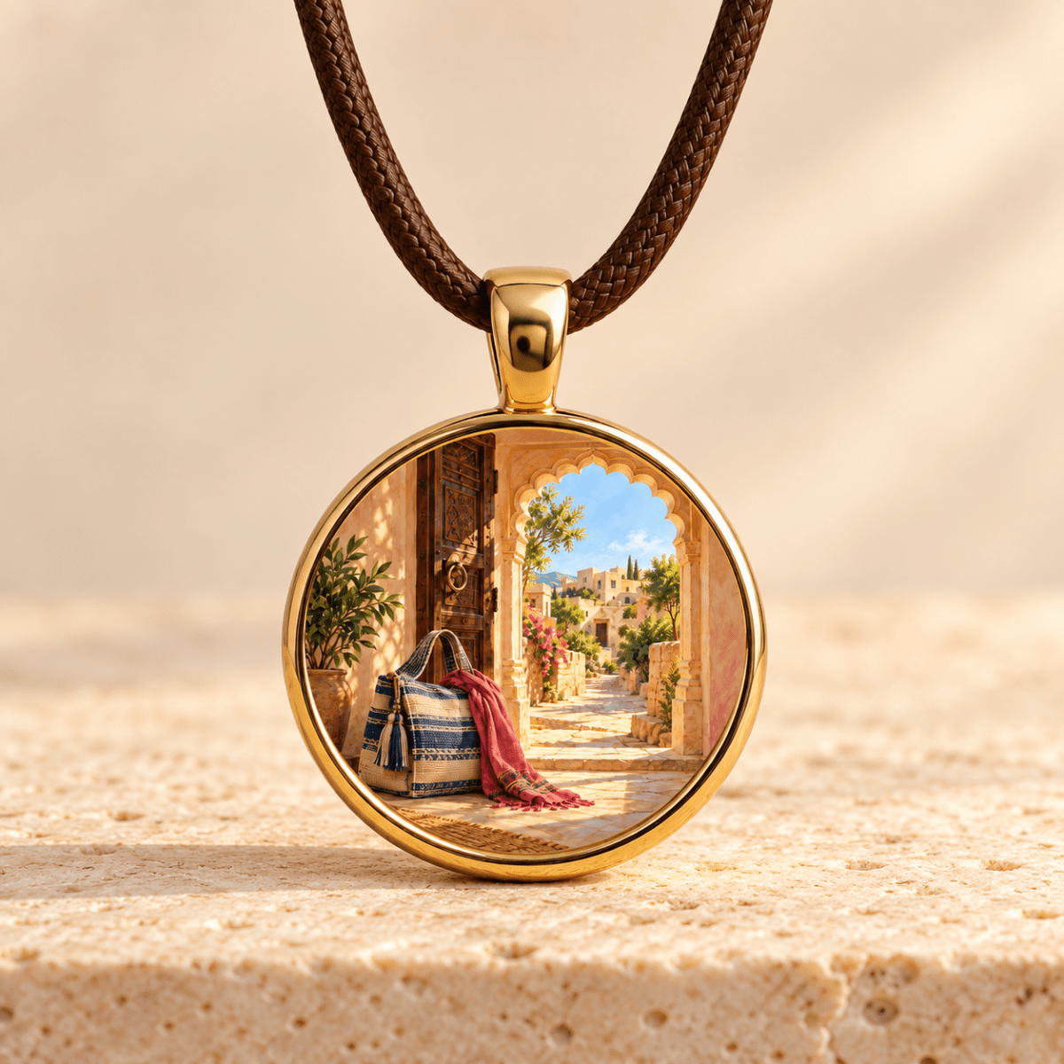 Before the Road | Story Pendant: a gold circular travel necklace on a dark braided cord featuring a miniature artwork of a sunlit Mediterranean courtyard with a doorway, potted plant, and a patterned tote bag.