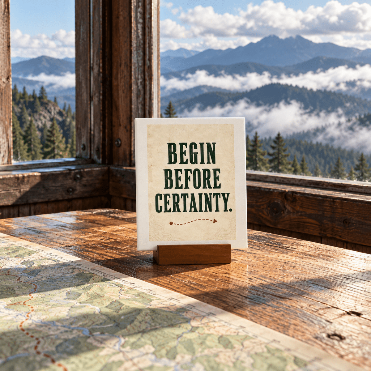 Begin Before Certainty Mini Sign on a wooden table, featuring the text “BEGIN BEFORE CERTAINTY” above a dotted line path with a mountain range in the background.