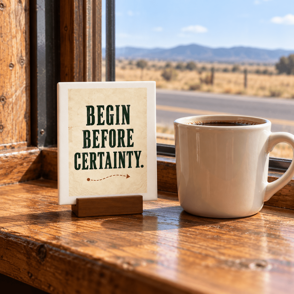 A Begin Before Certainty Mini Sign | Wanderland sits next to a coffee mug on a wooden windowsill overlooking a desert road.
