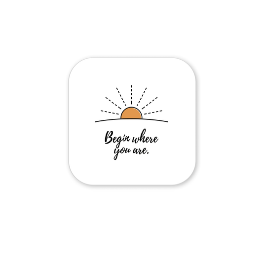 The "Begin Where You Are Magnet – Sunrise Affirmation" by Mirabilia Boutique features a minimalist sunrise design and uplifting phrase—a stylish, motivational fridge magnet to inspire you daily.