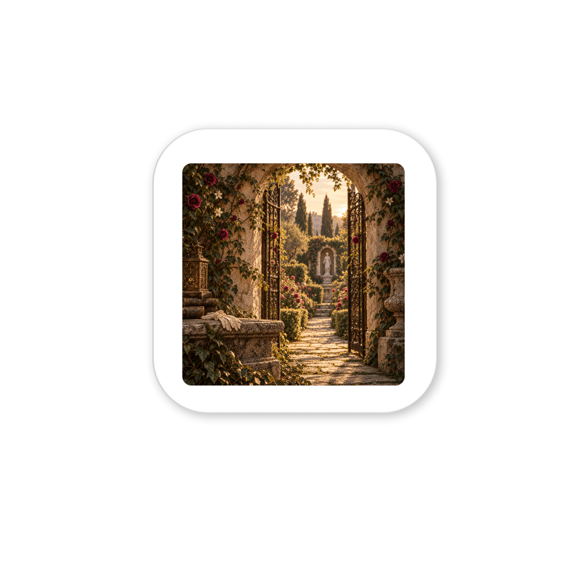An open wrought iron gate surrounded by blooms invites you into a sunlit garden path, with greenery, stone benches, and trees in the background—capturing an idyllic scene that’s beautifully depicted on the “Behind the Walled Garden Magnet” by Mirabilia Boutique from their Velvet Ruins collection. This art refrigerator magnet adds charming rose garden decor to your home.