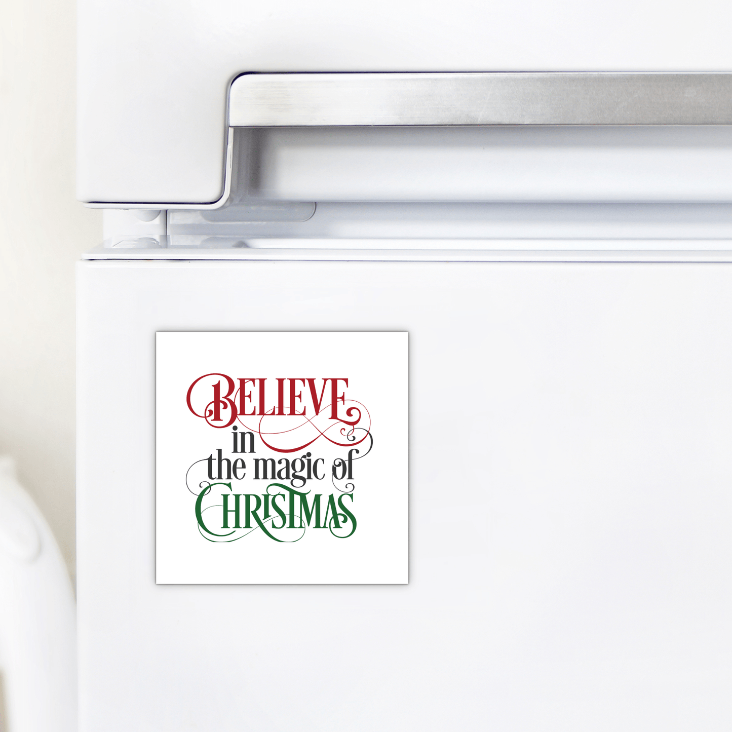 The Mirabilia Boutique "Believe in the Magic of Christmas" Magnet is a festive fridge decor piece in red and green script—perfect as a stocking stuffer or holiday gift.