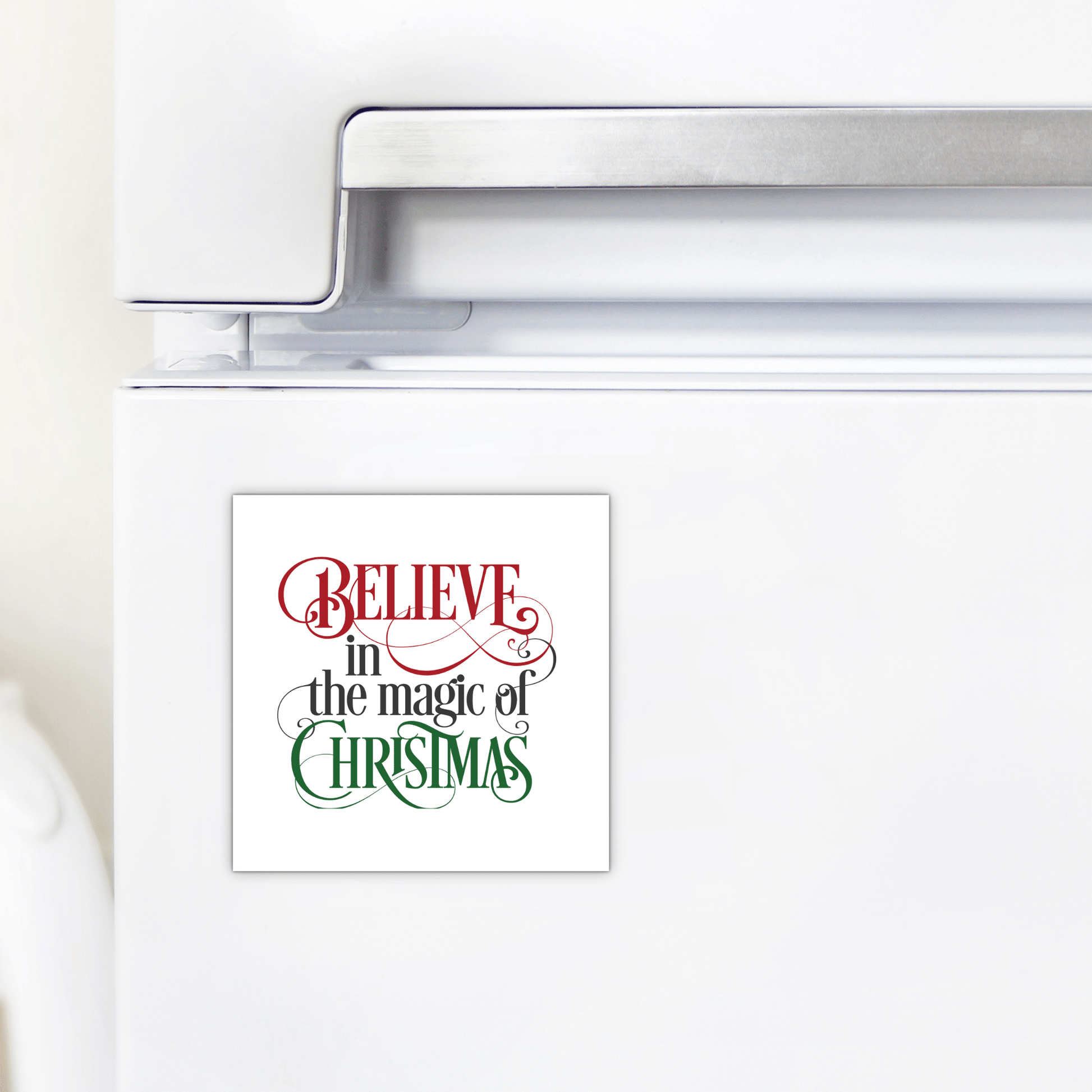 The Mirabilia Boutique "Believe in the Magic of Christmas" Magnet is a festive fridge decor piece in red and green script—perfect as a stocking stuffer or holiday gift.