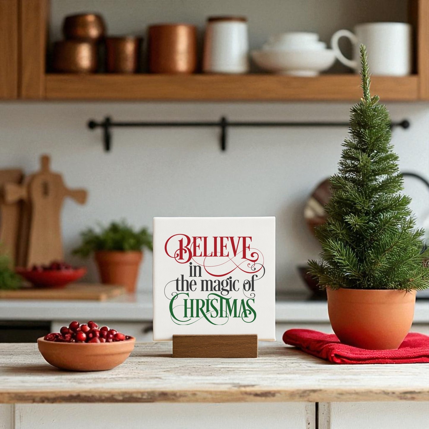 Create a festive kitchen with the Mirabilia Boutique "Believe in the Magic of Christmas" Mini Sign (4x4 Holiday Decor)—a charming accent for your counter and a perfect holiday gift or stocking stuffer.