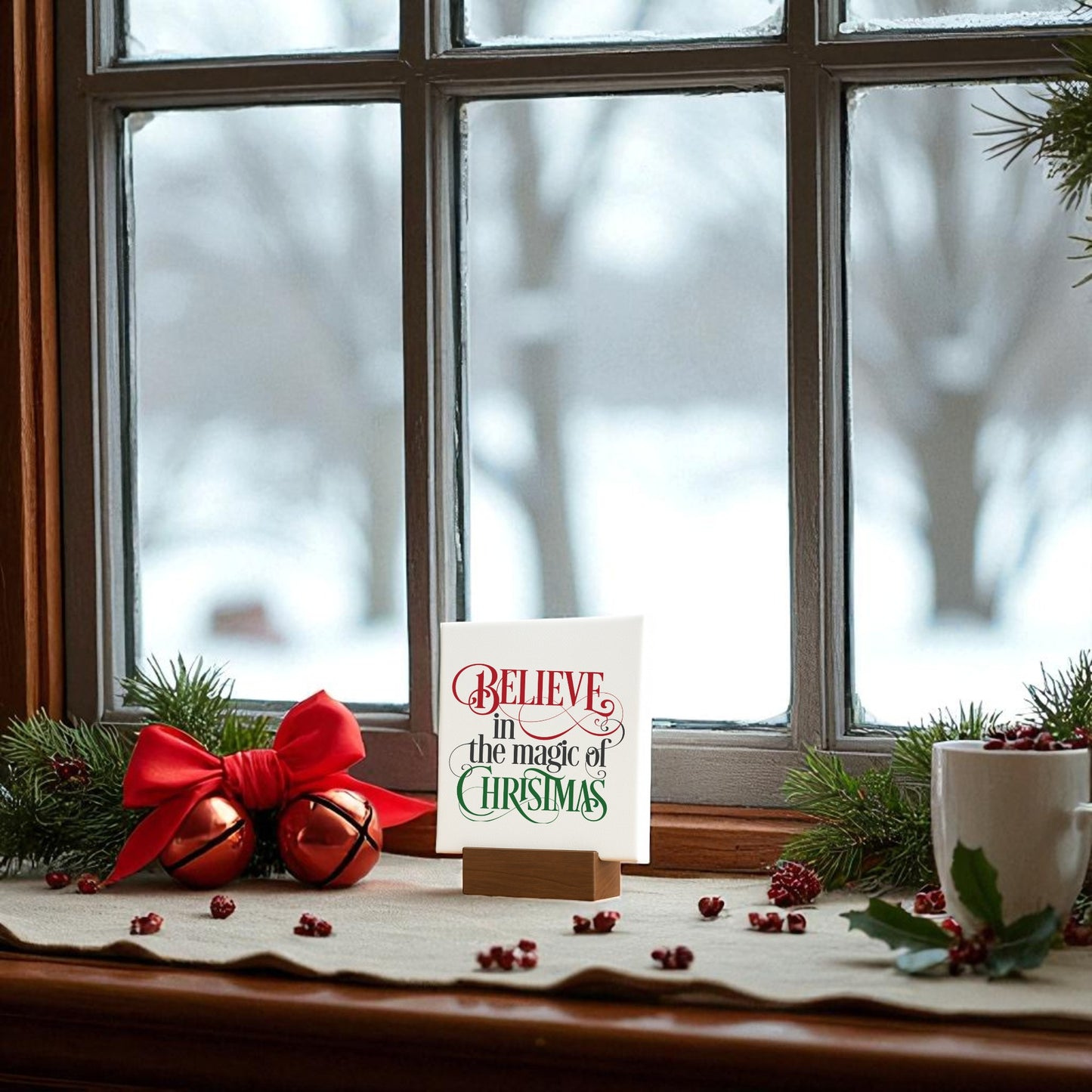 A holiday windowsill features pine branches, red ornaments, a red bow, a white mug, and the Mirabilia Boutique "Believe in the Magic of Christmas Mini Sign" (4x4). Snow can be seen outside the window.