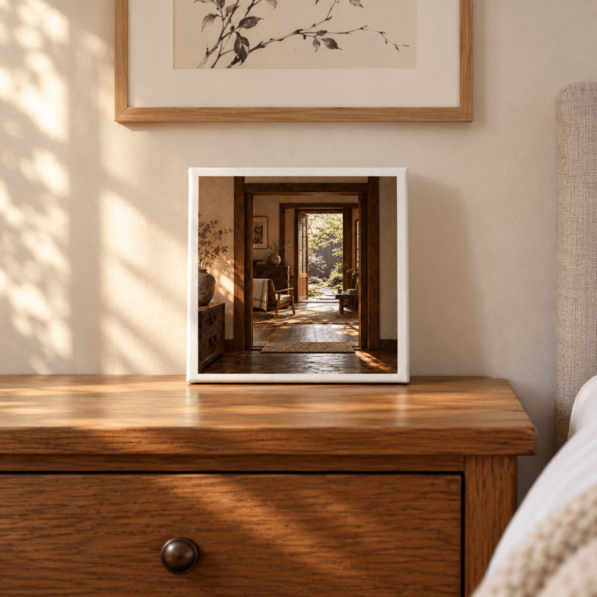 A square Between Rooms Japanese Interior Canvas by Mirabilia Boutique, featuring a view through a doorway into a sunlit garden, resting on a wooden bedside table.