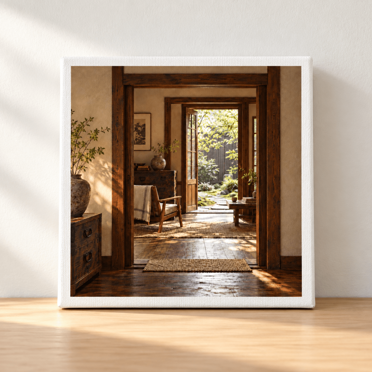 Square Between Rooms Japanese Interior Canvas | Cedar & Ink wall art showing an interior view through a wooden doorway toward a sunlit garden.