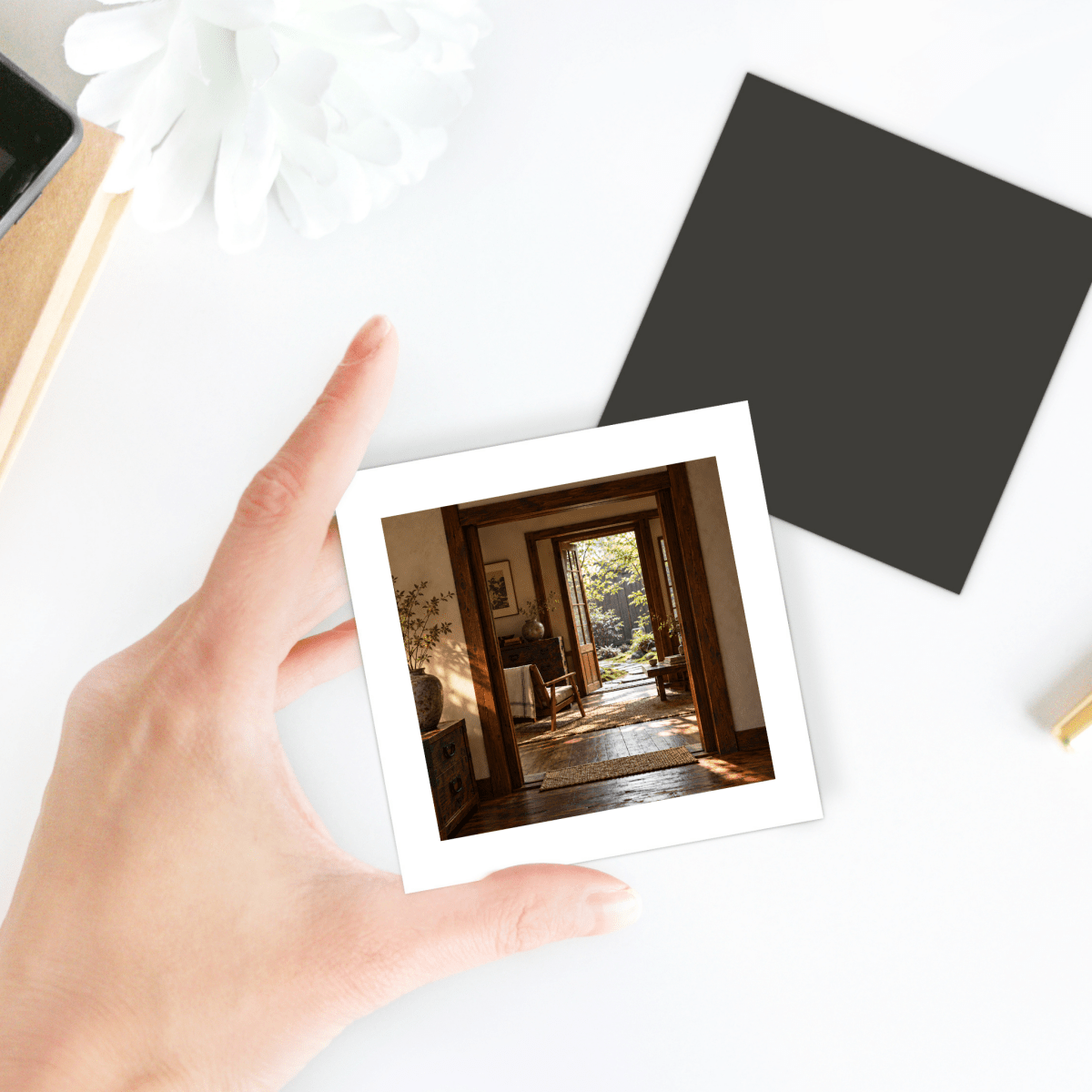 A hand holds a square Between Rooms Decorative Magnet by Mirabilia Boutique, featuring a photographic print of a sunlit Japanese interior looking out toward a garden.