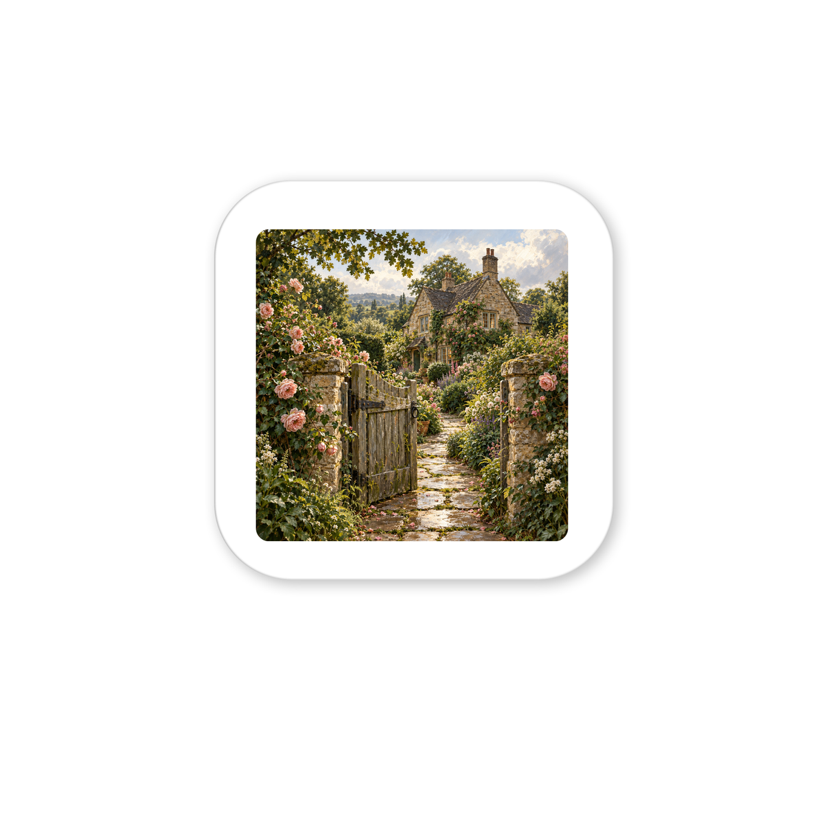 The Beyond the Garden Gate Magnet depicts an oil painting of a stone cottage seen through a wooden garden gate, surrounded by blooming rose bushes and a stone path.
